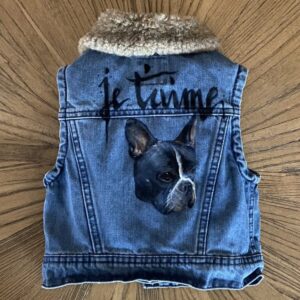 'je taime' handprinted French bulldog children's denim vest.